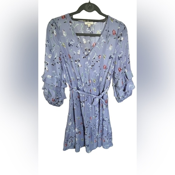 Gilli Lavender Purple Floral Print Surplice Tie Waist 3/4 Sleeve Mini Dress Sz S - Picture 3 of 10